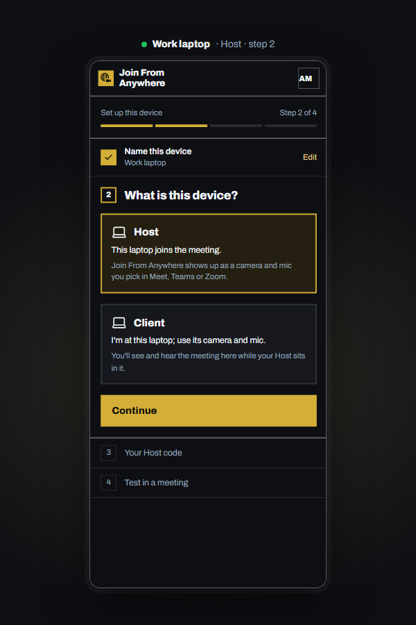 Setup step 2: choosing Host.