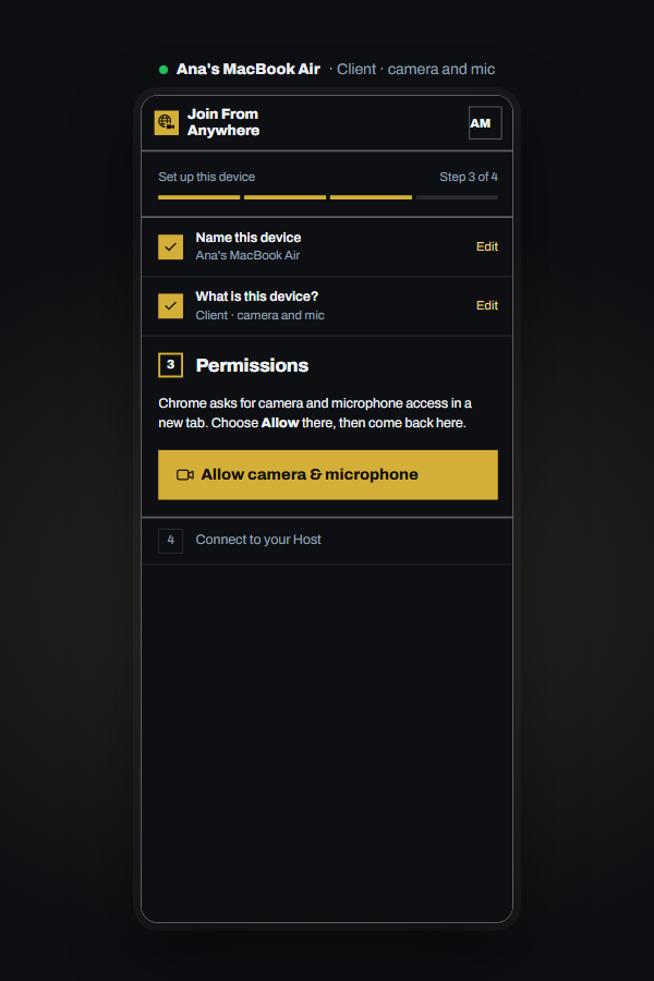 Setup step 3 on the Client: camera and microphone permission.