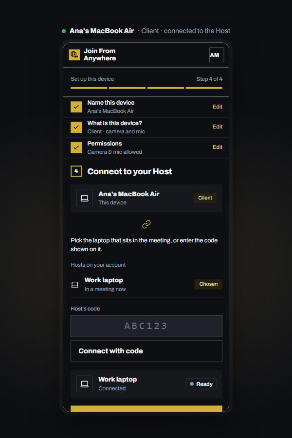 Setup step 4 on the Client: connected to the Host.