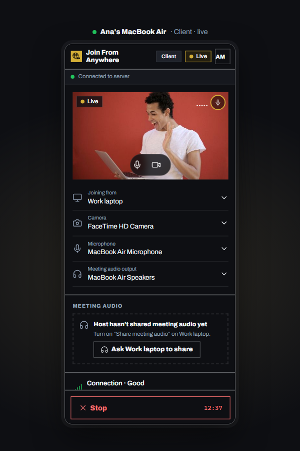 The Client panel while live, with the camera preview and the Stop button.