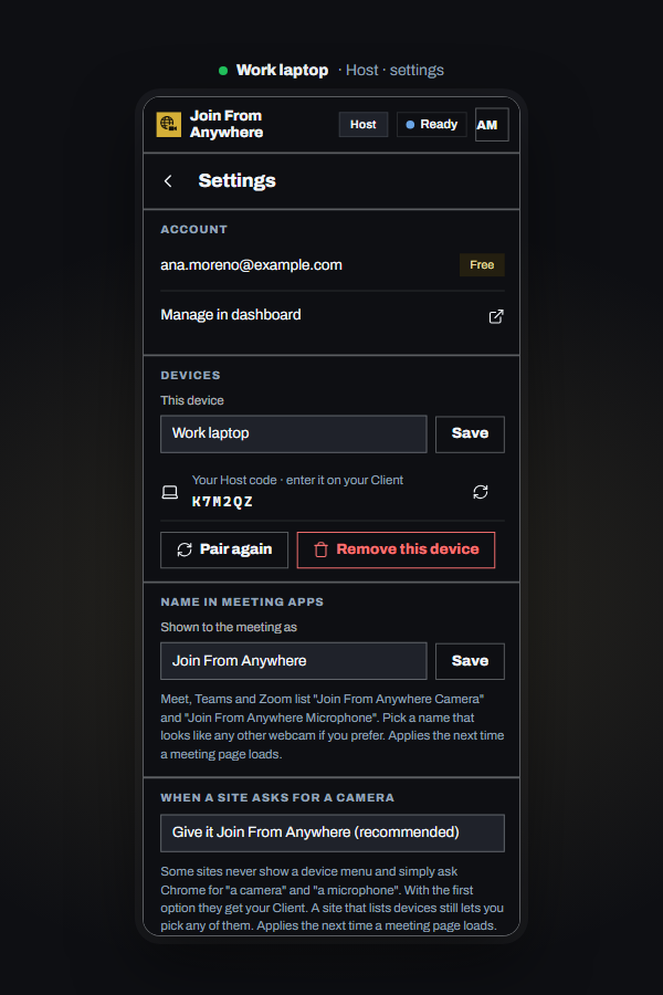 The Settings screen in the side panel.