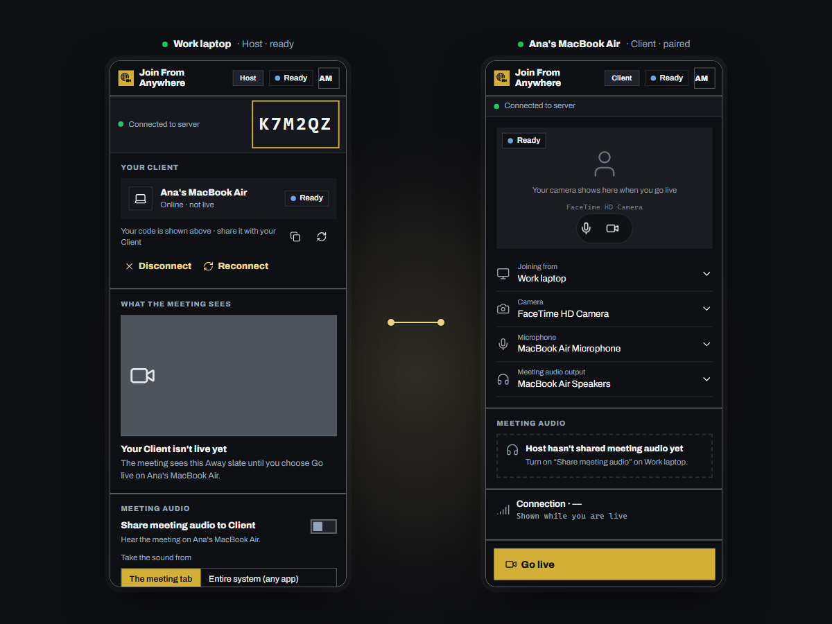 Host panel showing the Client as connected next to the Client panel showing “Joining from Work laptop” and the camera, microphone and speaker pickers.