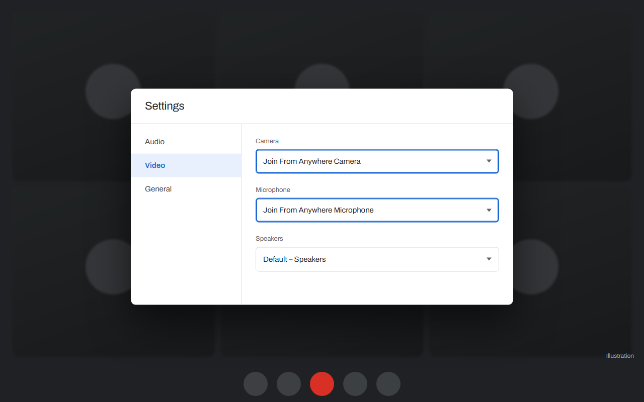 Illustration of the Google Meet device settings with Join From Anywhere chosen as camera and microphone